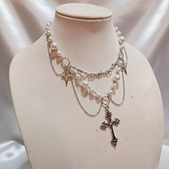Source Unknown Jewelry - Gothic Punk Cosmic Cross Rosary Layered Choker Silver and White Fashion Necklace